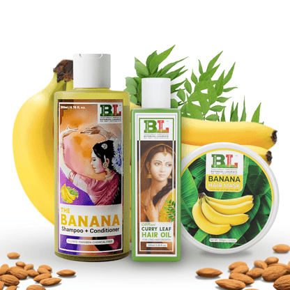 Botanical Luxuriate Hair Growth Package featuring banana shampoo, curry leaf hair oil, and banana hair mask with natural ingredients.