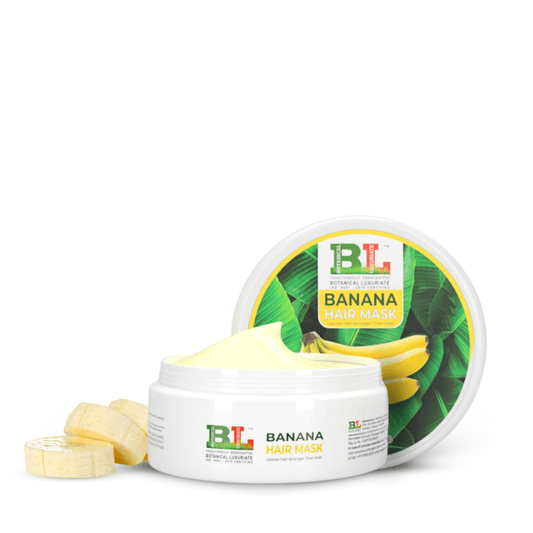 Botanical Luxuriate Banana Hair Mask cream in a 100 gm jar with sliced bananas, offering instant soft hair texture and nourishment.