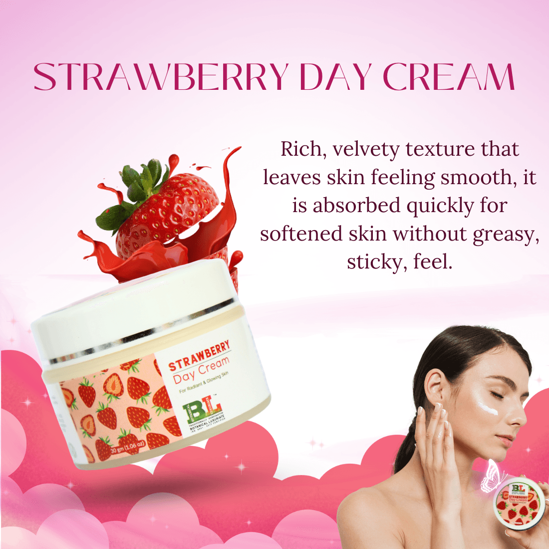 Strawberry Day Cream by Botanical Luxuriate with rich texture, promoting smooth, non-greasy skin, highlighted with a model applying cream.