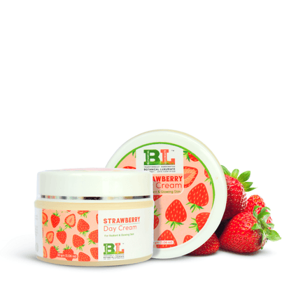 Botanical Luxuriate Strawberry Day Cream in 30 gm jar with vibrant strawberry-themed packaging, surrounded by fresh strawberries.