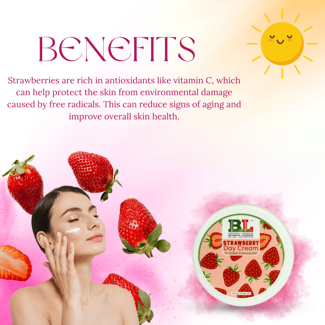 Strawberry Day Cream benefits by Botanical Luxuriate, enriched with vitamin C and antioxidants to reduce aging signs and improve skin health.