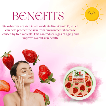 Strawberry Day Cream benefits by Botanical Luxuriate, enriched with vitamin C and antioxidants to reduce aging signs and improve skin health.